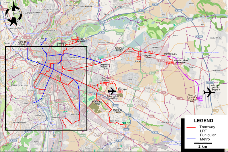 Lyon suburbs tram map 2016