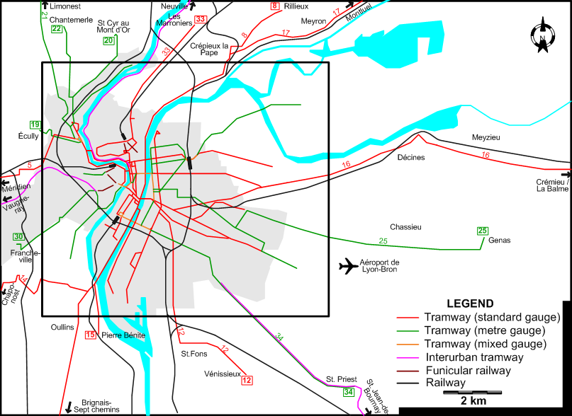 Lyon suburbs tram map 1934