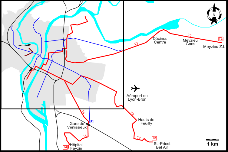 Lyon suburbs tram map 2009