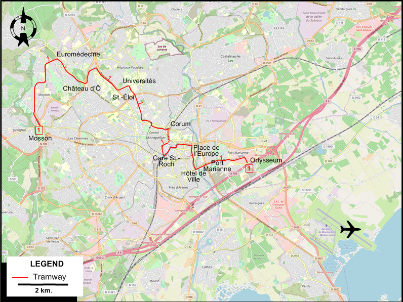 Montpellier tram map 2000