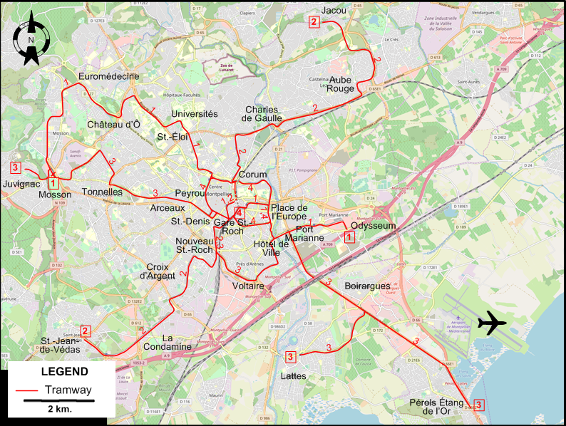Montpellier tram map 2016