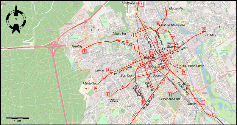 Nancy central tram map 1925