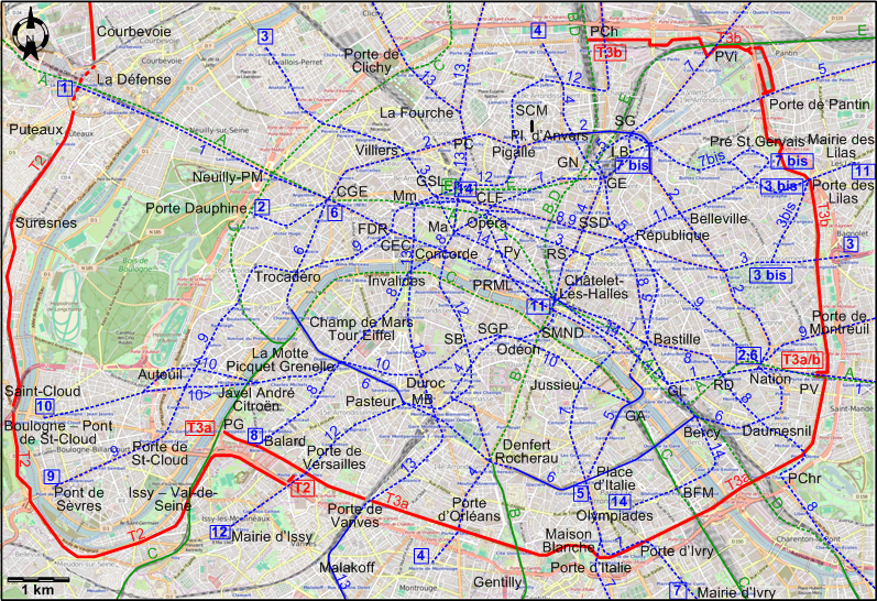 Paris Centre 2013 tram map