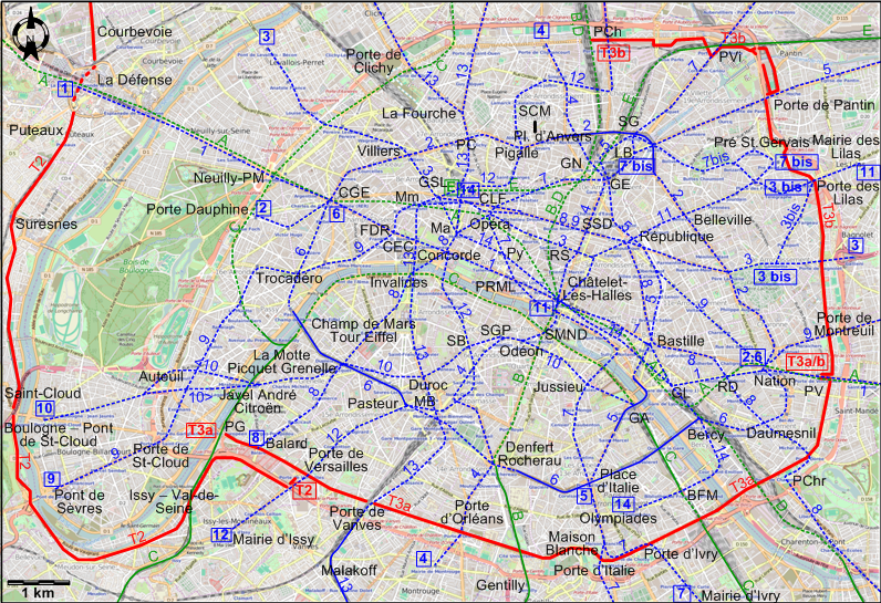Paris Centre 2014 tram map