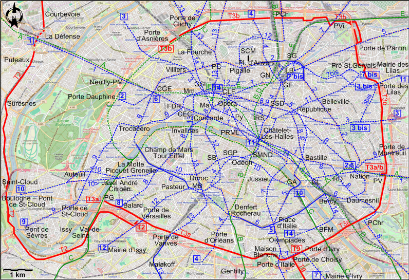 Paris Centre 2021 tram map