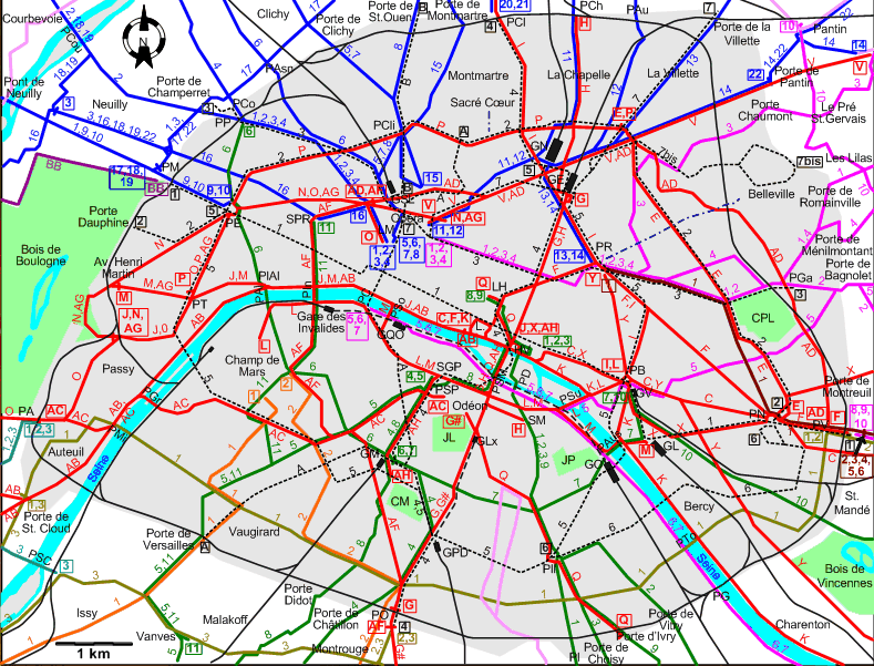 Paris 1911 downtown tram map