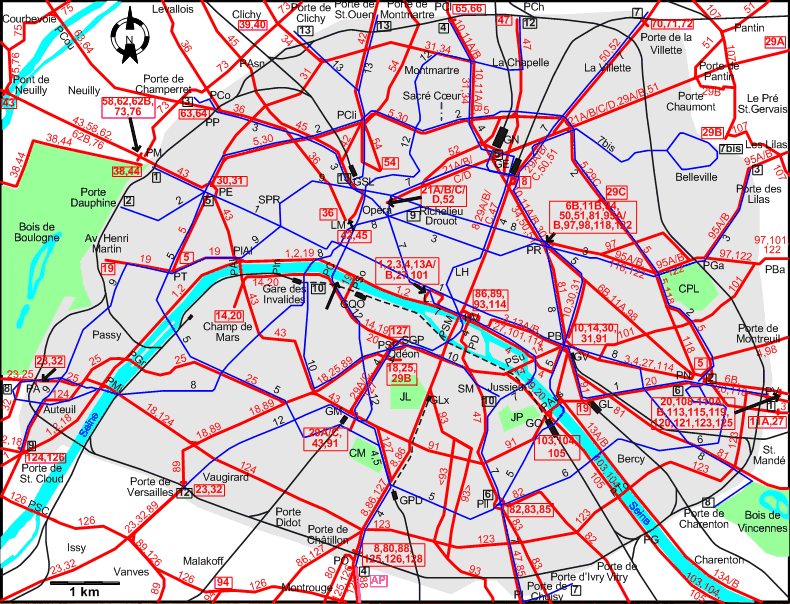 Paris 1933 downtown tram map