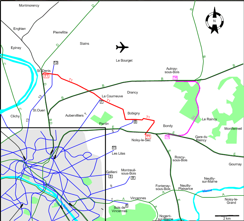 Paris 2007 eastern and northern suburbs tram map