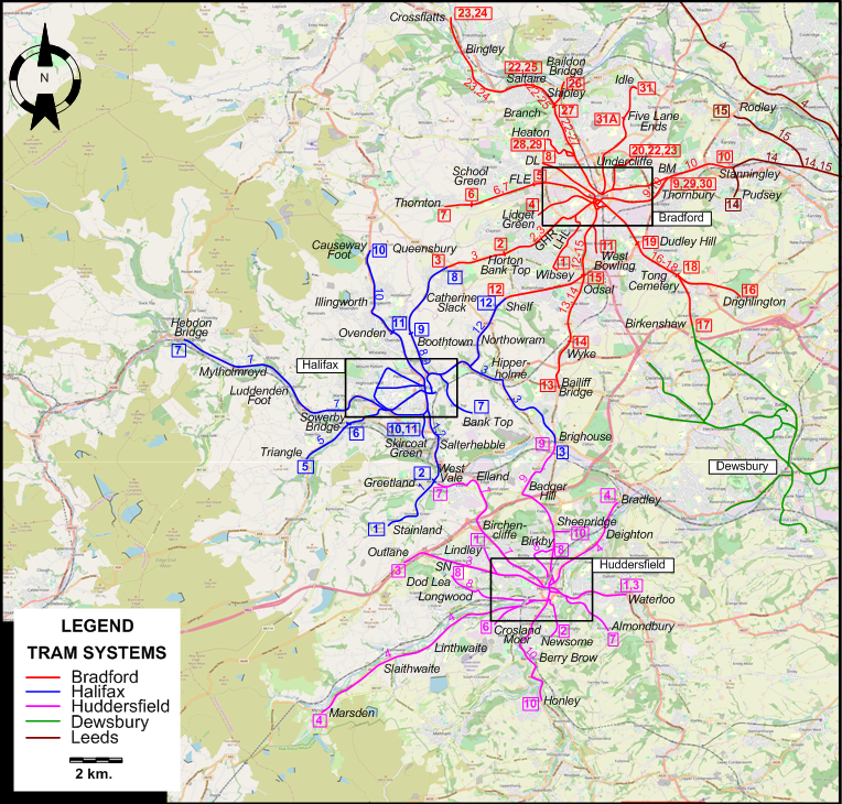 Bradford-Halifax-Huddersfield 1931 tram map