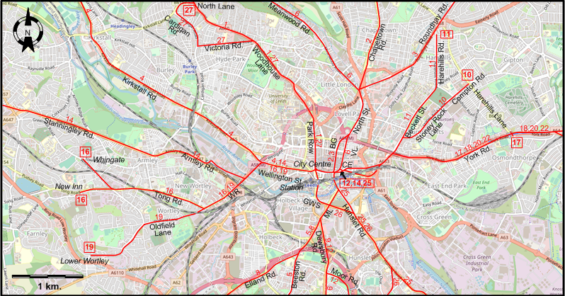 Leeds 1945 central tram map