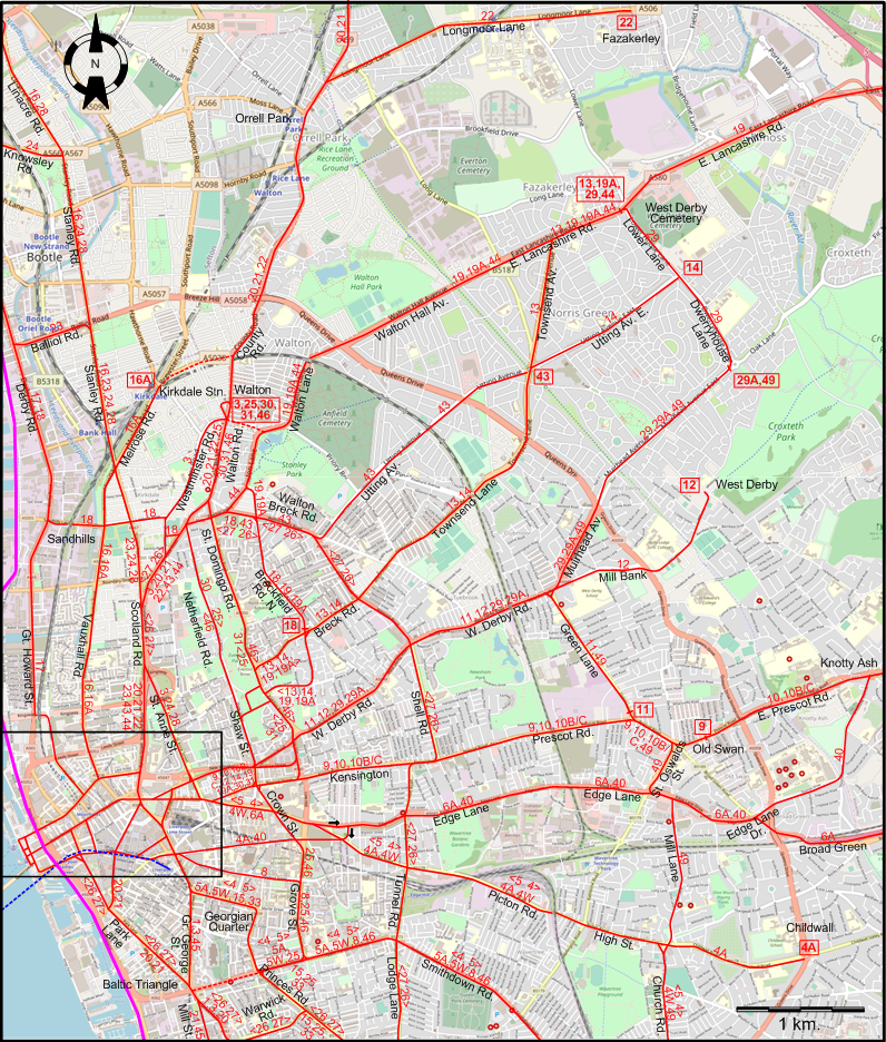 Liverpool Central area 1947 tram map