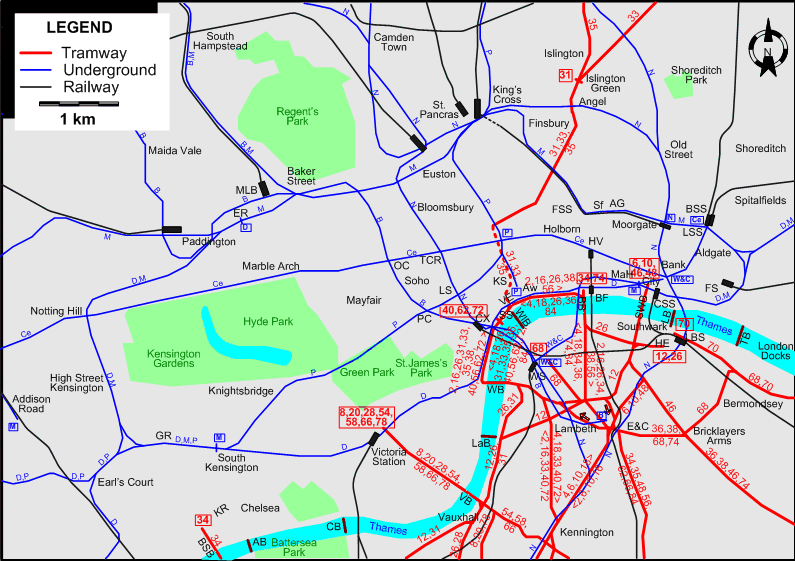 London 1940 downtown tram map