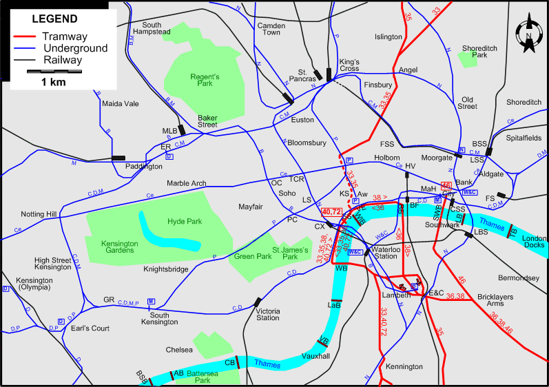 London 1952 downtown tram map