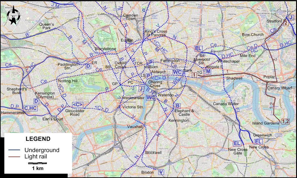 Central London 1987 urban rail map