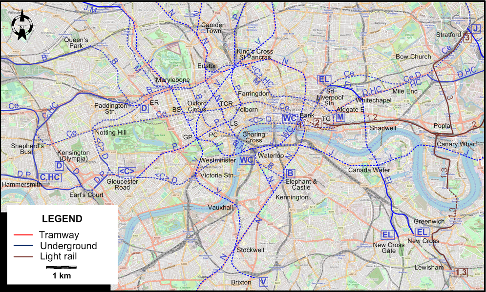 Central London 2000 urban rail map