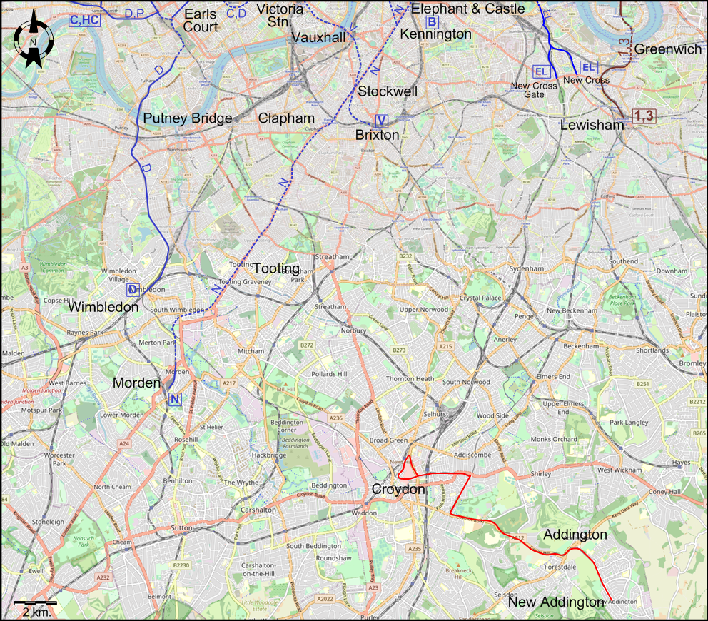 South London 2000 tram and urban rail map