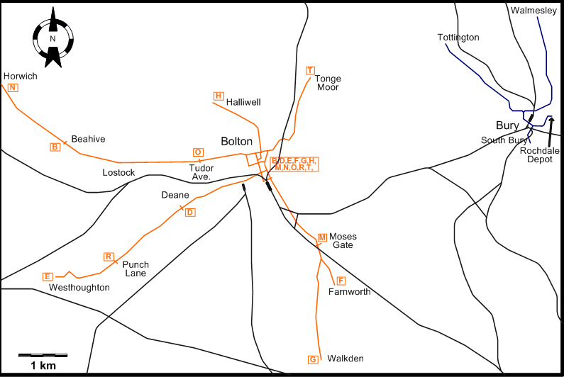 Bolton Bury Manchester 1944 tram map