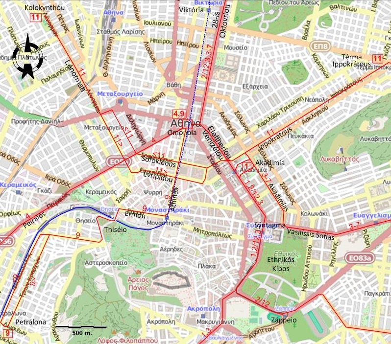 Athens centre tram map 1953