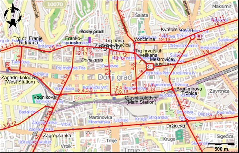 Zagreb downtown tram map 1984