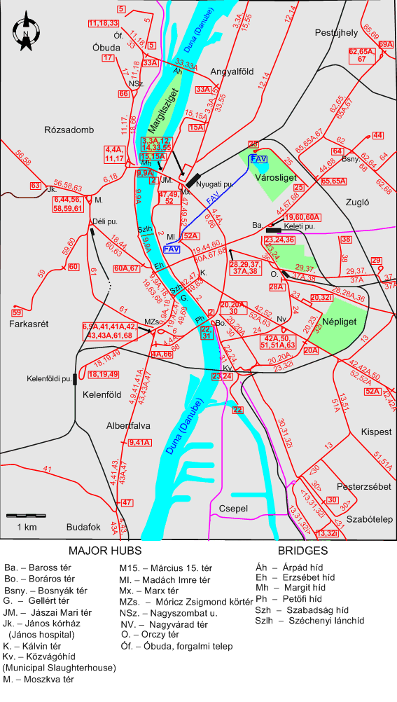 Budapest downtown tram map 1968