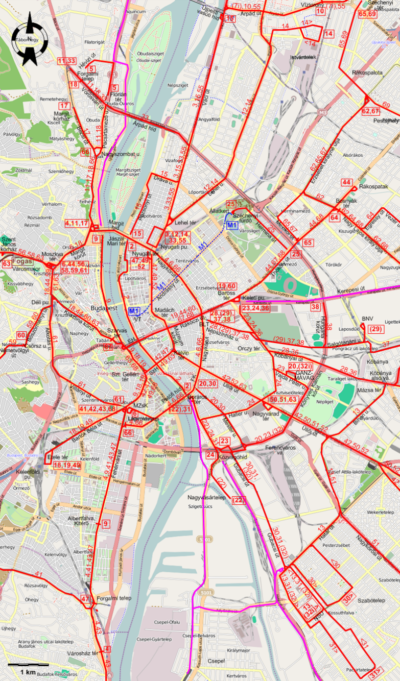 Budapest downtown tram map 1968