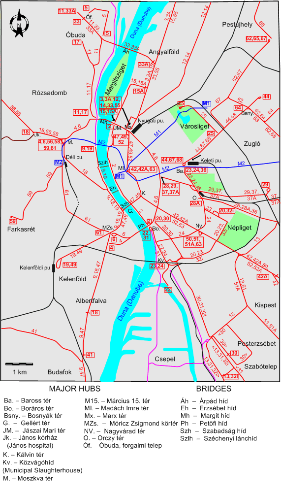 Budapest downtown tram map 1973