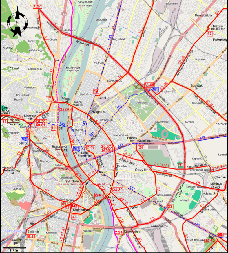 Budapest downtown tram map 2000