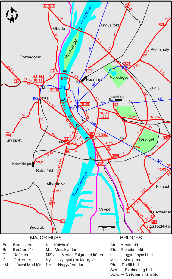 Budapest downtown tram map 2005