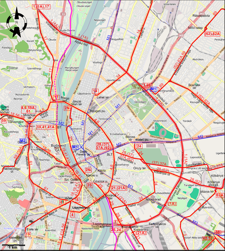 Budapest downtown tram map 2008