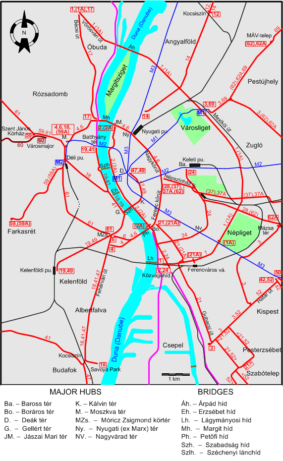 Budapest downtown tram map 2009