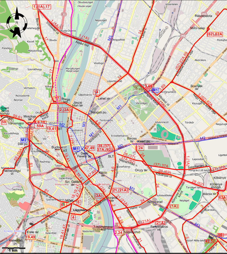 Budapest downtown tram map 2009