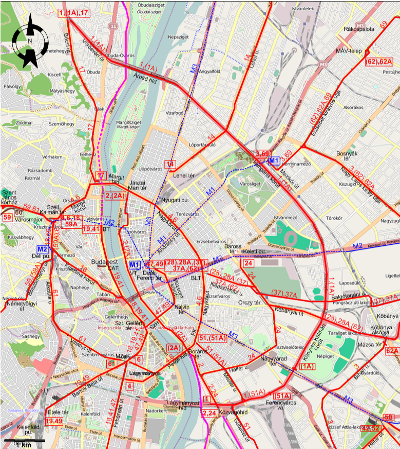 Budapest downtown tram map 2011