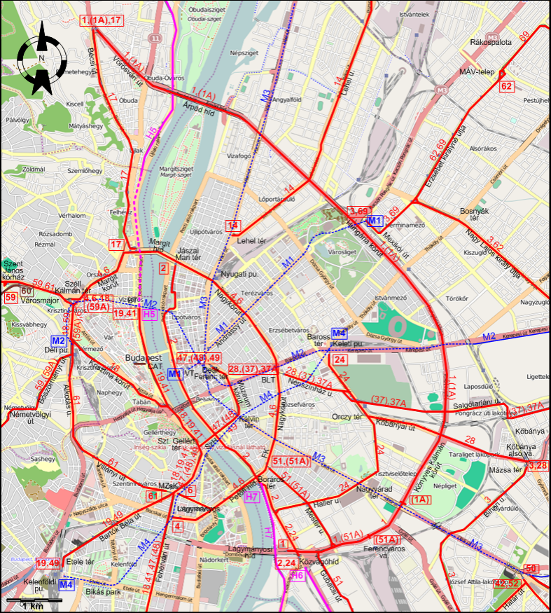 Budapest downtown tram map 2014