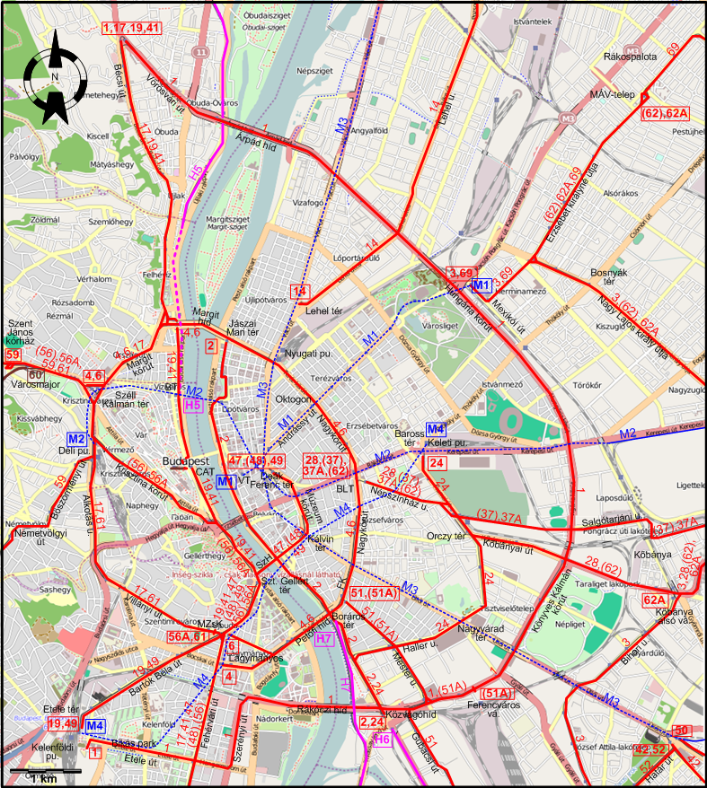 Budapest downtown tram map 2019
