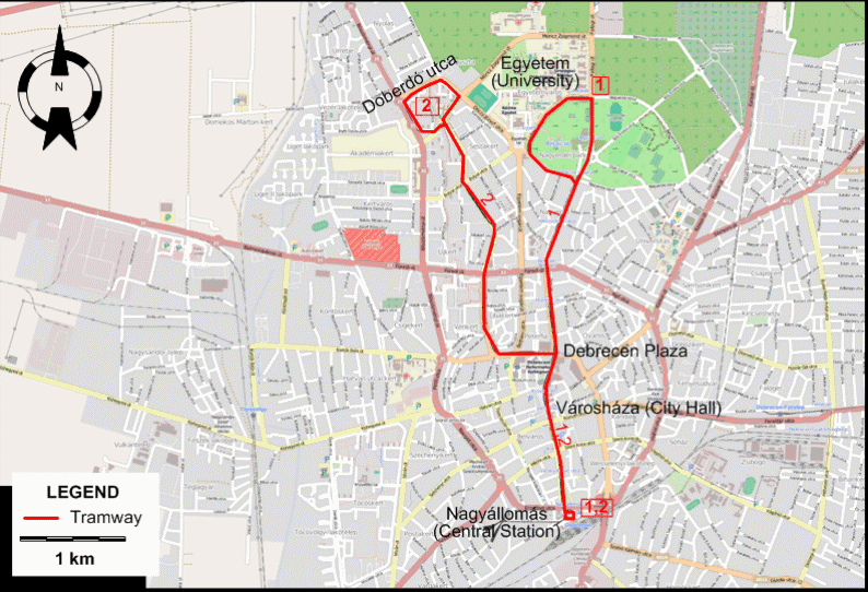 Debrecen tram map