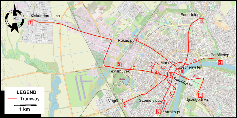 Szeged tram map 1950