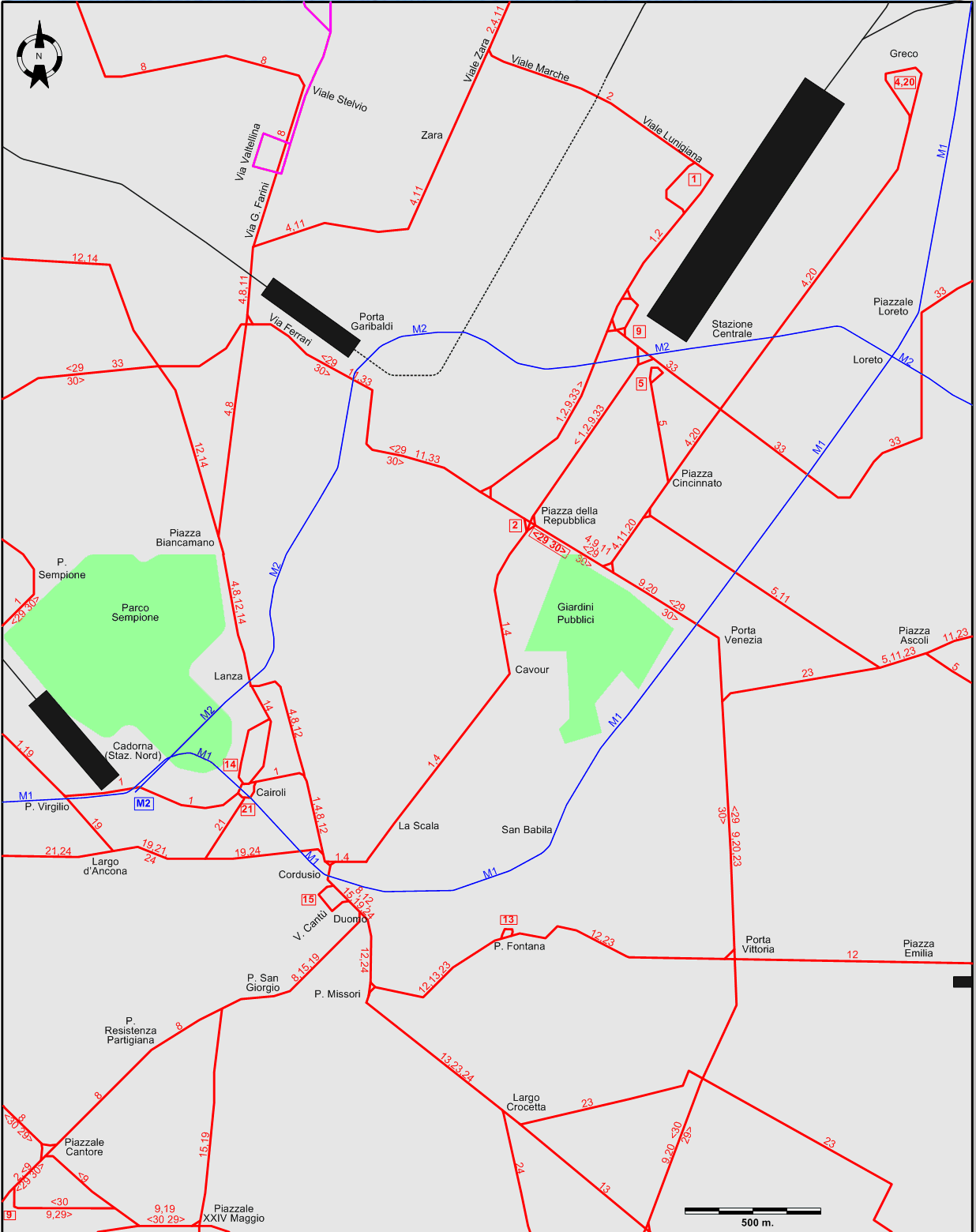 Milan 1982 downtown tram map