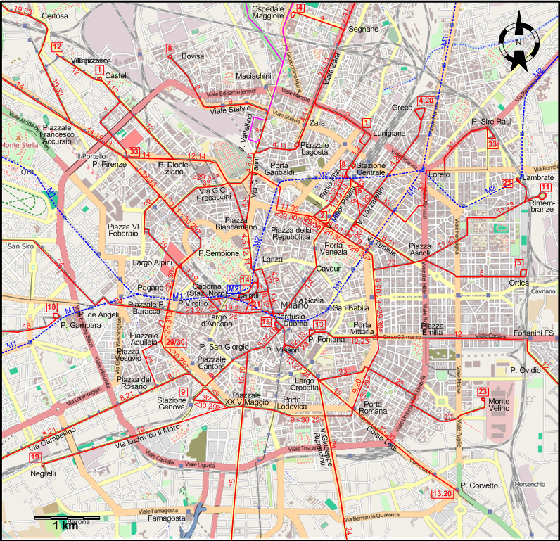 Milan 1982 downtown tram map