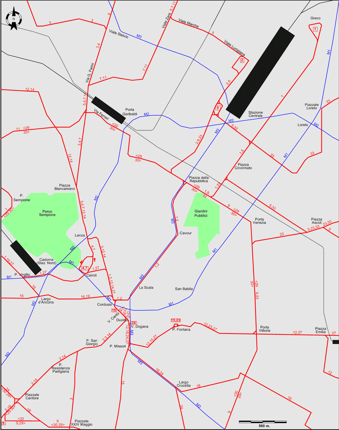 Milan 2007 downtown tram map