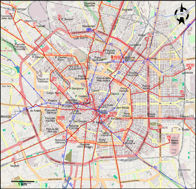 Milan 2010 downtown tram map