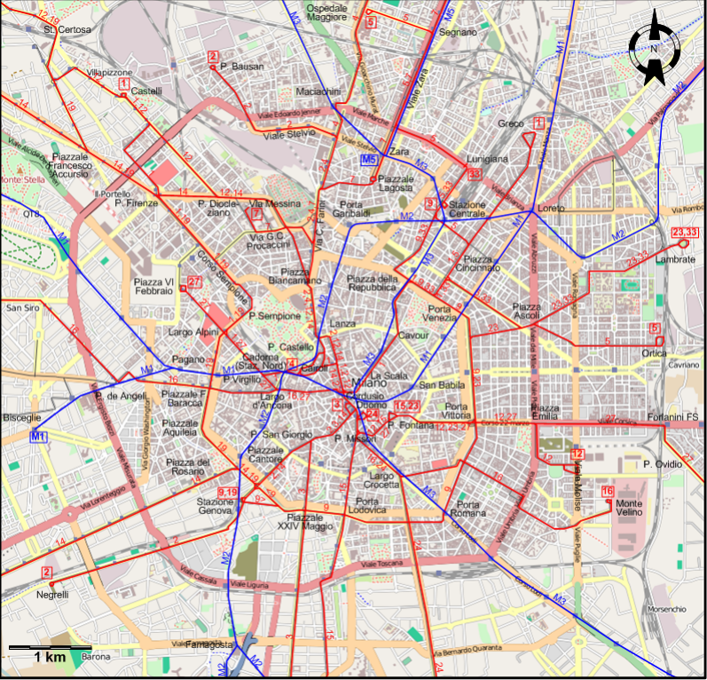 Milan 2013 downtown tram map
