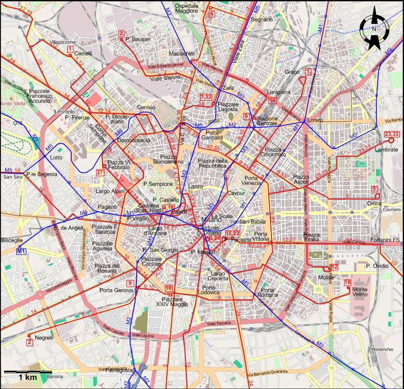 Milan 2015 downtown tram map