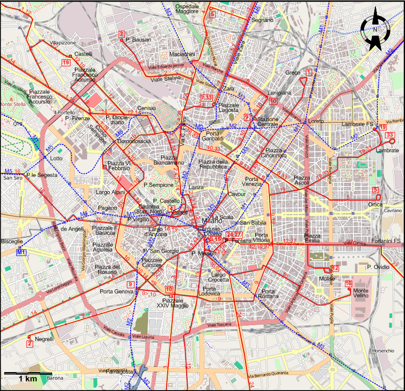 Milan 2017 downtown tram map