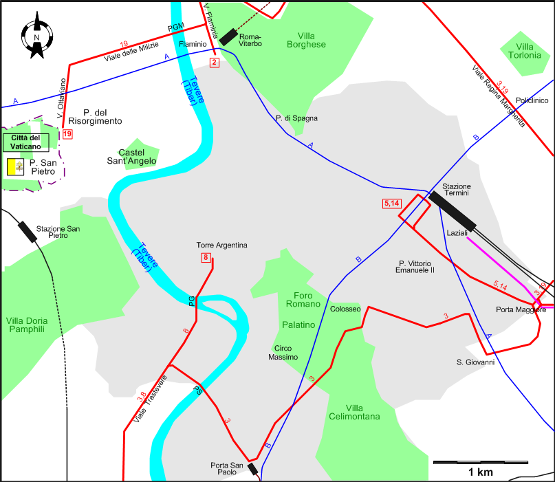 Rome 2009 downtown tram map