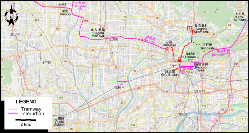 Gifu tram map – 1988