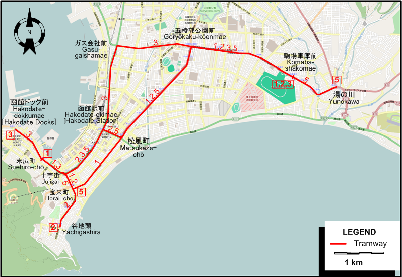 Hakodate tram map – 1978