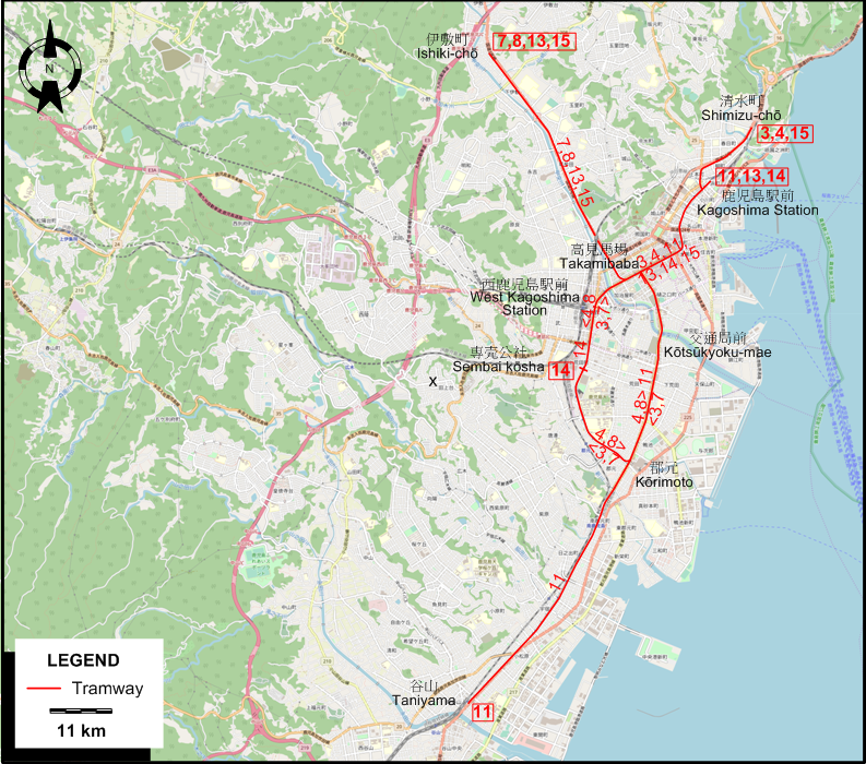 Kagoshima tram map 1967