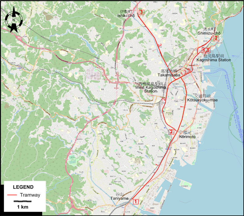 Kagoshima tram map 1975