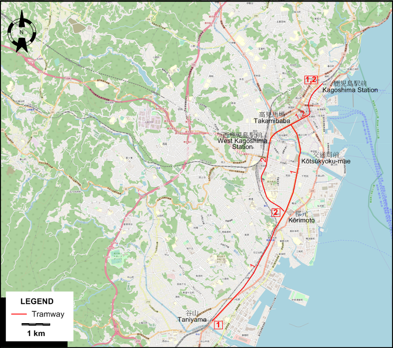 Kagoshima tram map 1985