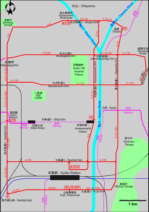 Kyoto tram map - 1976